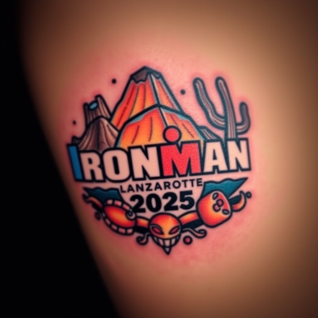 A tattoo design featuring the Ironman logo creatively integrated with elements symbolizing the Ironman Lanzarote 2025 competition