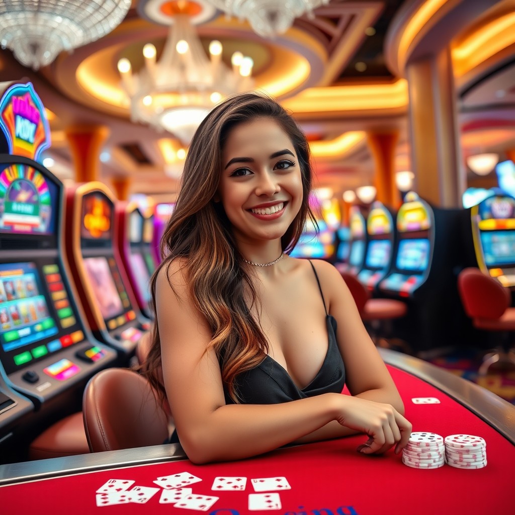 A young woman with an engaging smile, sitting at a vibrant casino table surrounded by colorful slot machines and playing cards