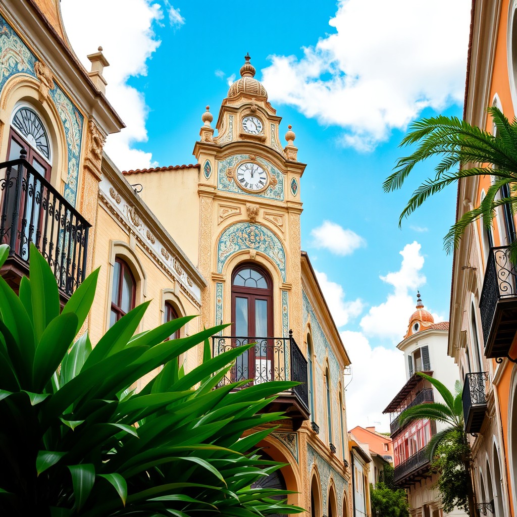 A stunning portrayal of Portuguese colonial architecture, showcasing intricate facades and vibrant colors typical of the style
