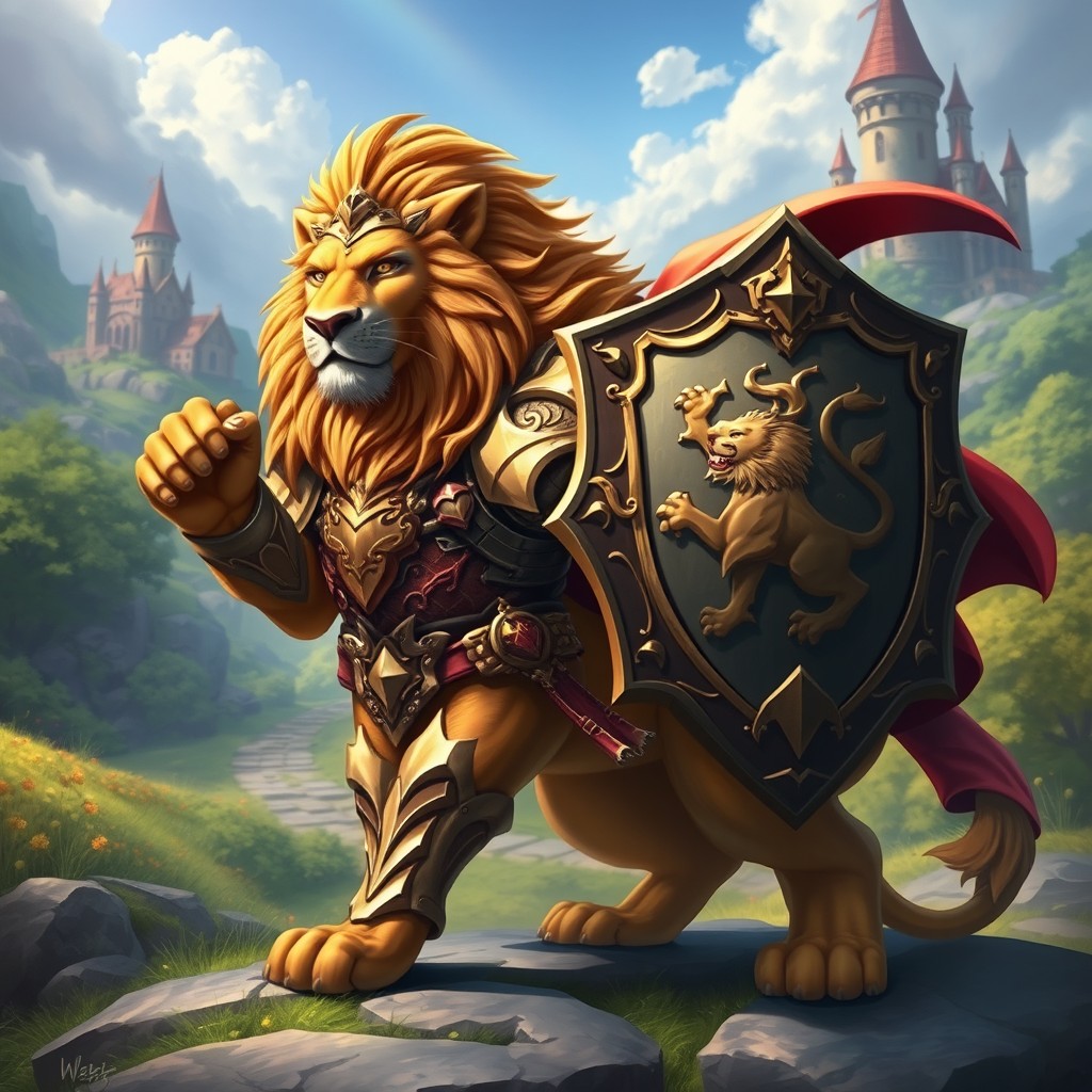 A majestic lion paladin, adorned in intricately designed armor that gleams in the sunlight, holding a shield emblazoned with a lion crest
