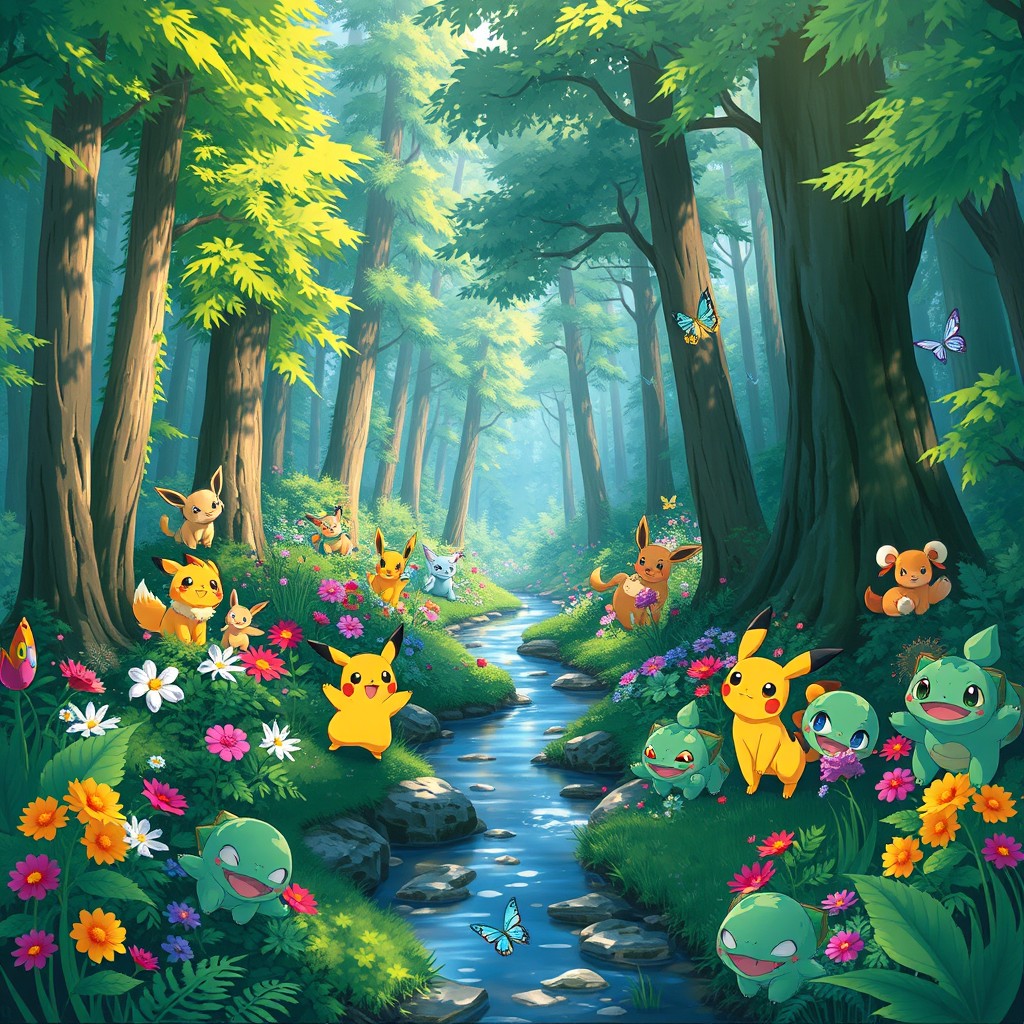 A vibrant, lush forest scene inspired by anime, filled with colorful and playful Pokémon characters interacting in their natural habitat