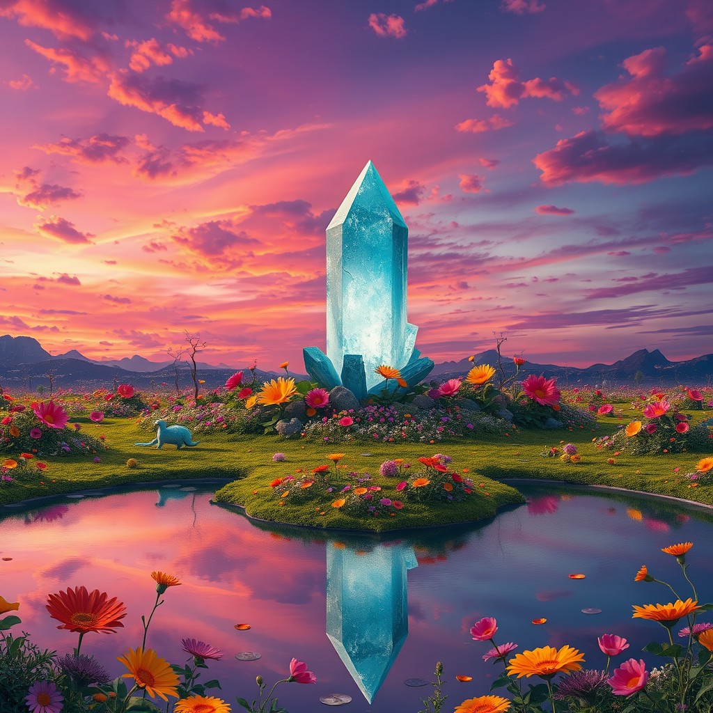 A surreal landscape featuring a giant crystal in the center, surrounded by vibrant flowers of various colors
