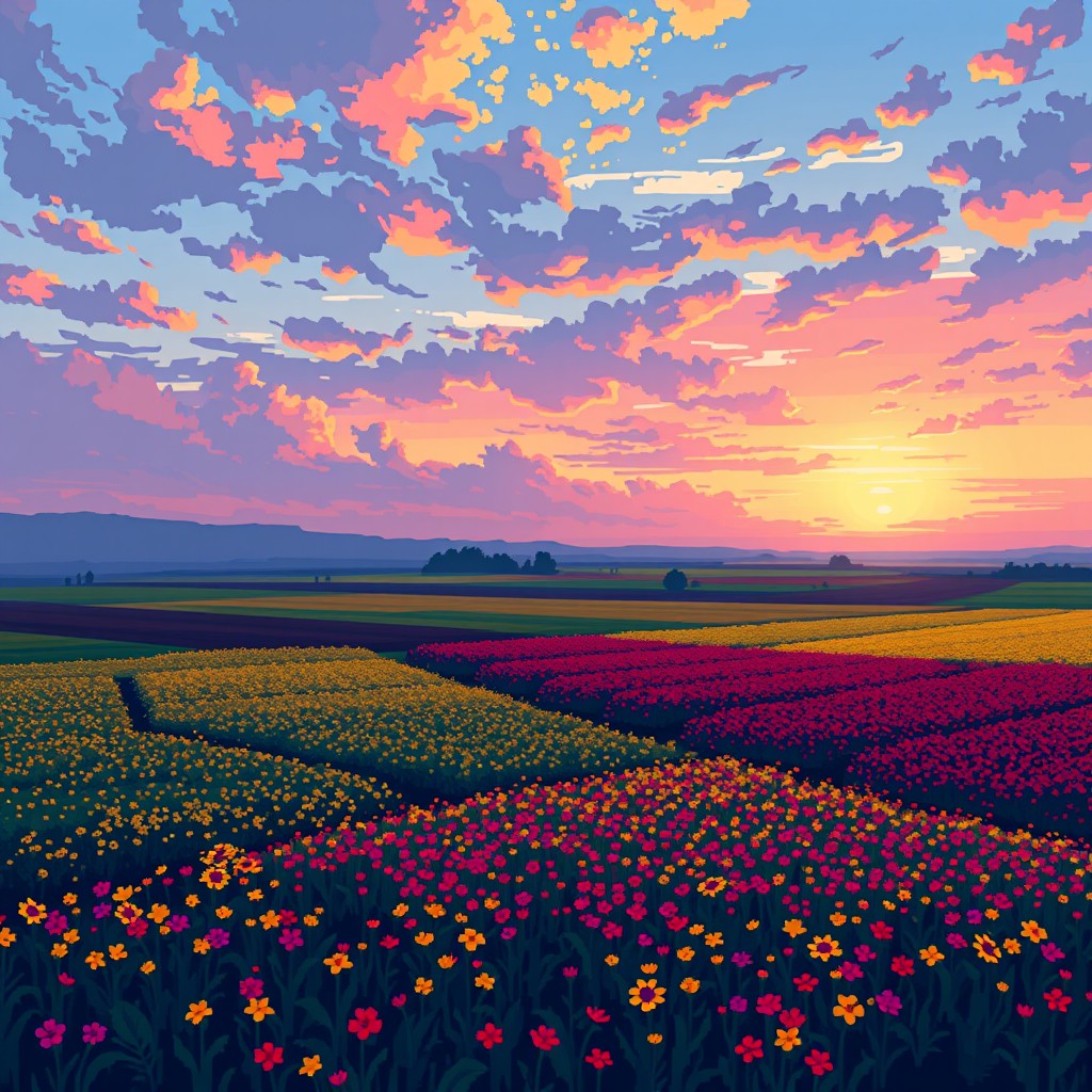 A stunning pixel art landscape showcasing a vibrant field at sunset, filled with a rich palette of colors including various shades of gray, green, dark blue, and accents of yellow-red, complemented by soft soothing touches of pale pink