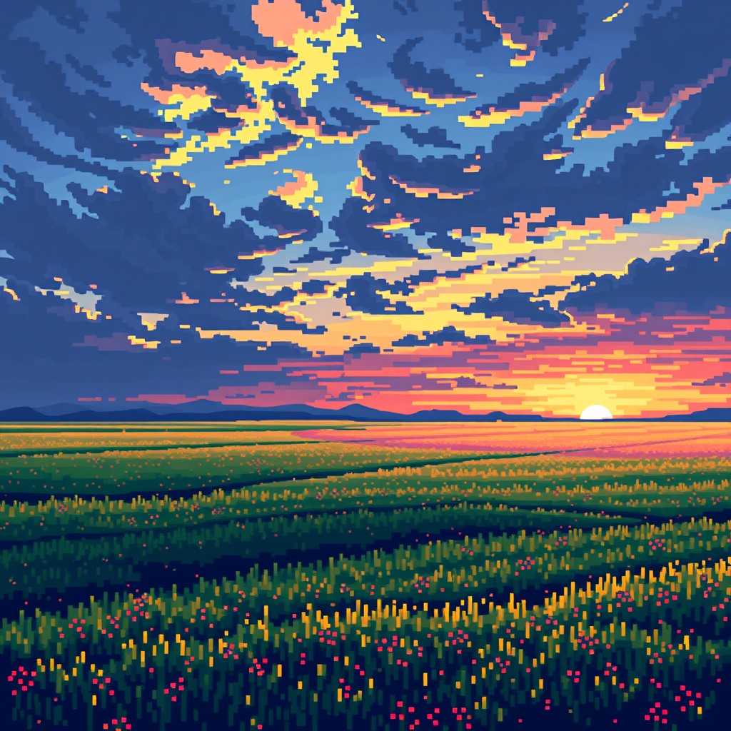A vibrant pixel art landscape depicting a vast field of colors at sunset