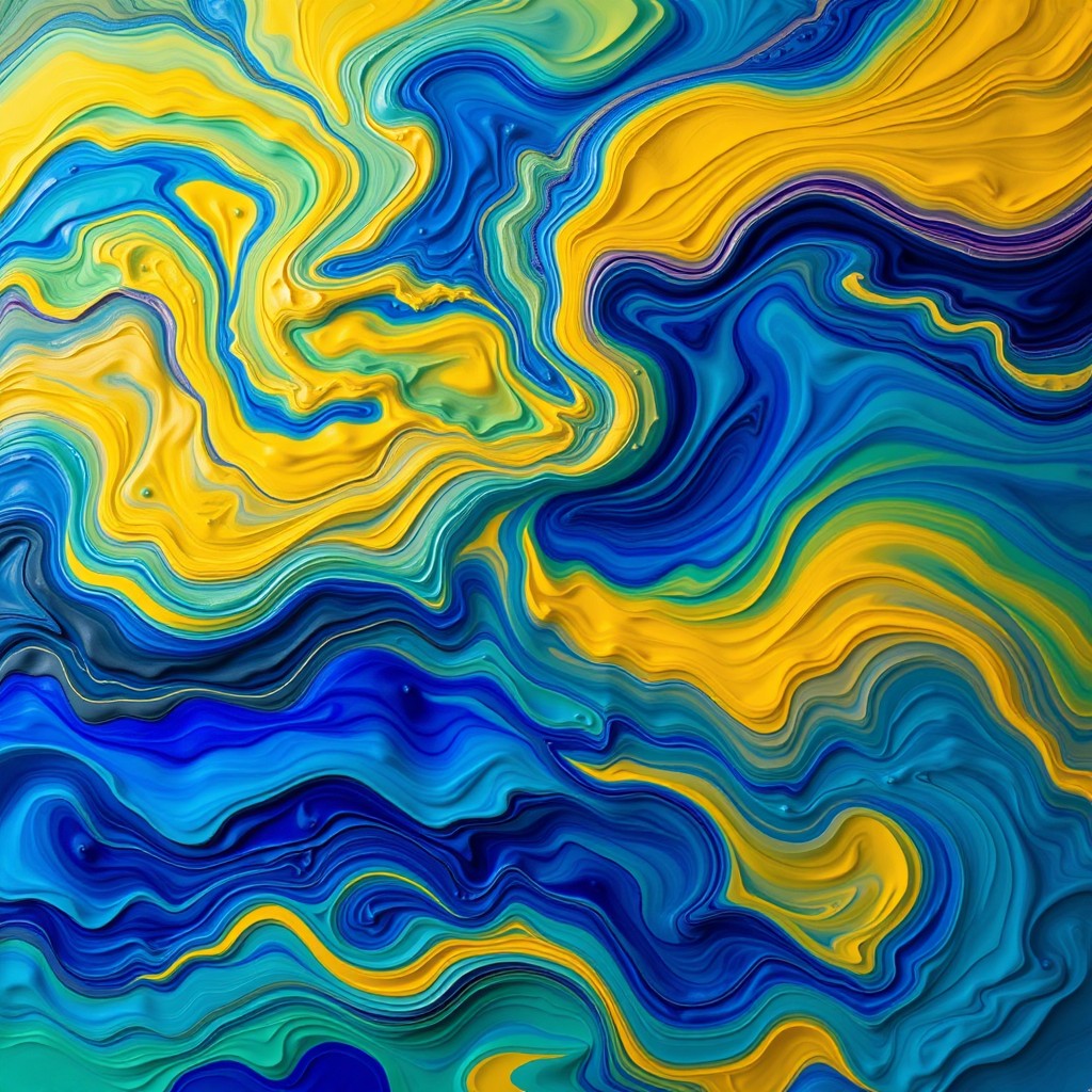 A vibrant, abstract landscape featuring a swirling blend of colors and textures, dominated by deep blues, lush greens, and bright yellows