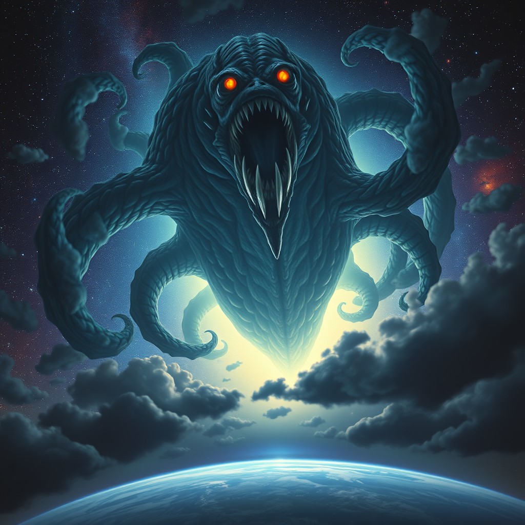 A colossal space monster descending towards Earth from the starry cosmos, featuring multiple eyes and tentacles swirling dramatically around its massive form