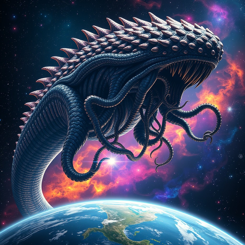 A titanic space monster approaching Earth, its enormous body covered in iridescent scales that shimmer against the backdrop of a star-studded galaxy