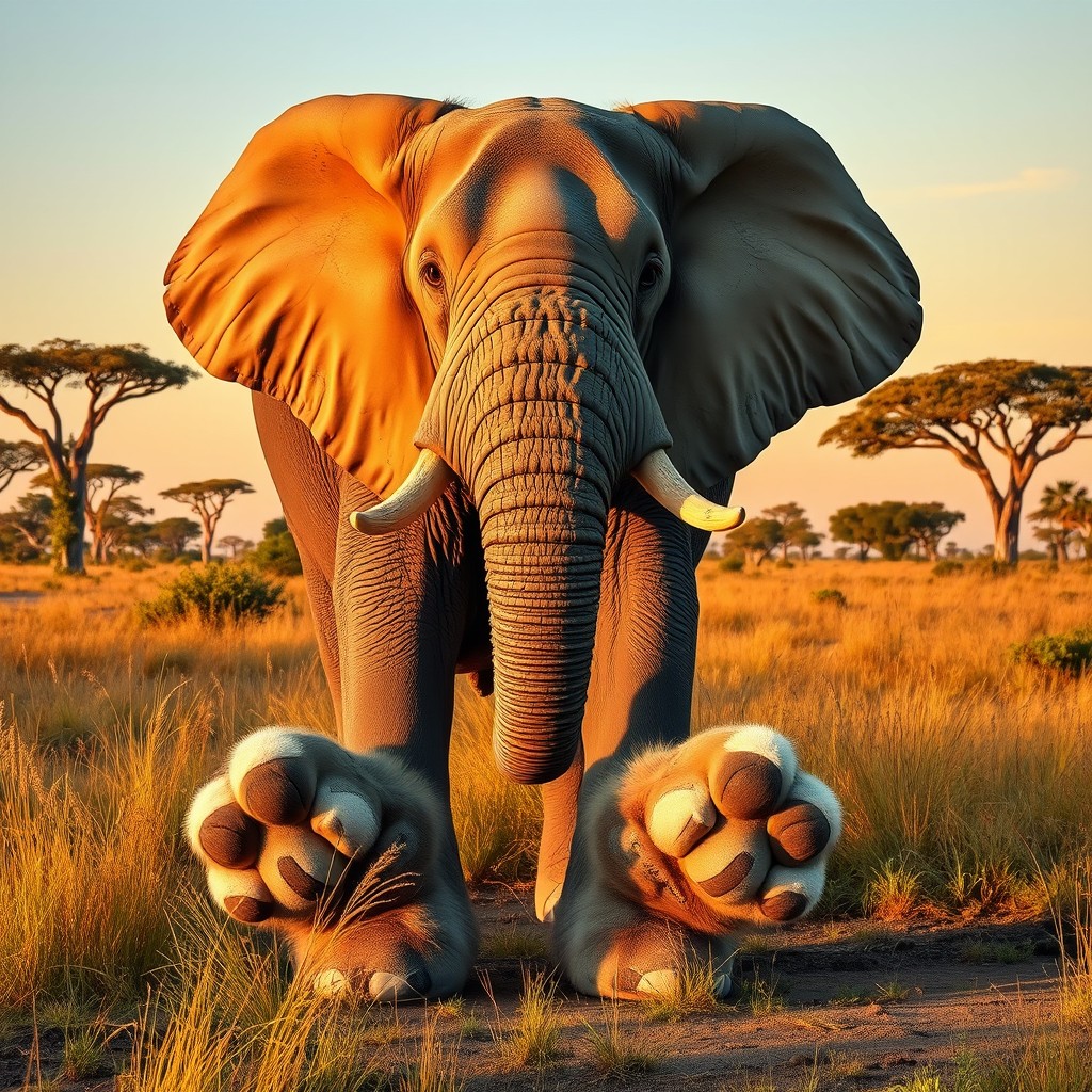 A large elephant with the paws of a cat instead of legs, showcasing the unique and whimsical combination of features