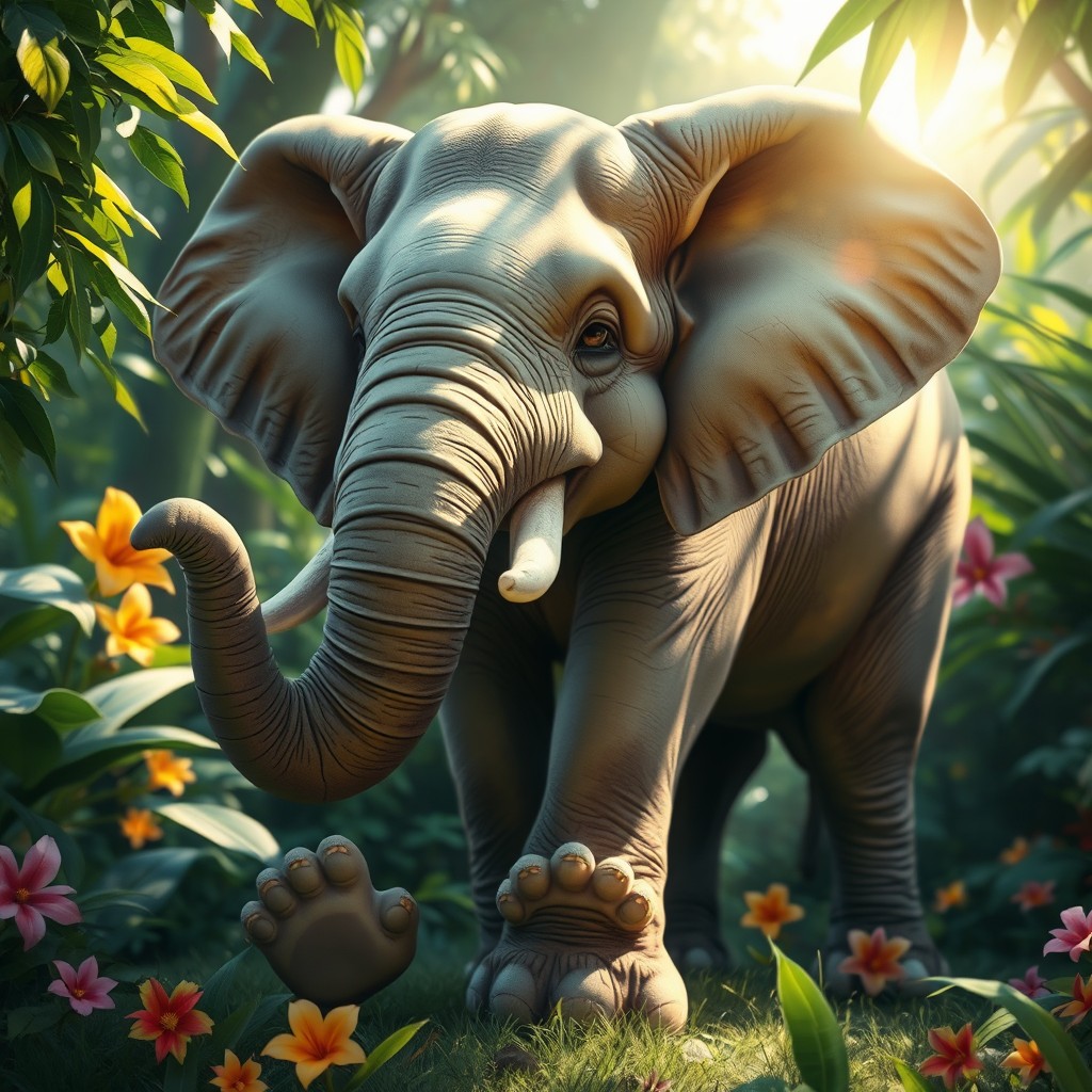 An imaginative and whimsical scene featuring a large elephant adorned with playful cat paws instead of its usual feet