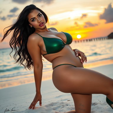 A Colombian Latina woman with long black hair and striking green eyes, featuring full, luscious lips and a curvy figure that is slightly plump