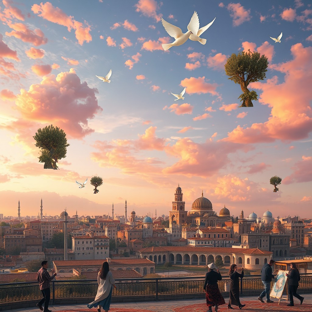 A surrealistic landscape of Gaza, featuring an ethereal skyline with a mix of traditional and modern architecture, blending into a dreamy sunset sky filled with vibrant colors of pink, orange, and purple