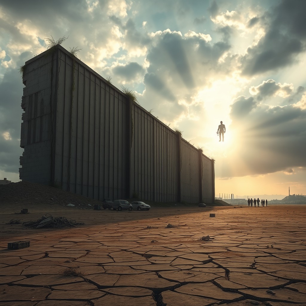 A surreal depiction of a giant wall inspired by Attack on Titan, towering over a desolate landscape reminiscent of Gaza