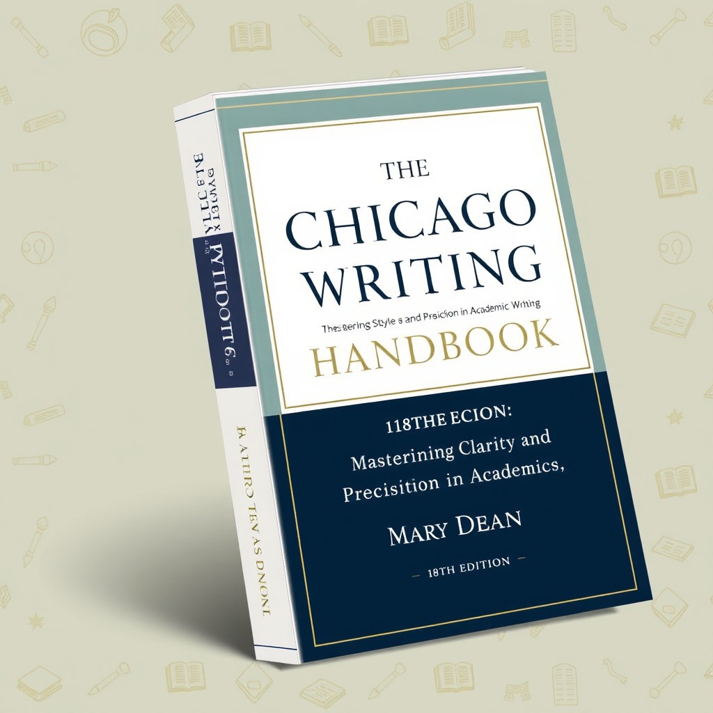 An elegant book cover design for 'THE CHICAGO STYLE WRITING HANDBOOK (18TH EDITION)' by Mary Dean, subtitled 'Mastering Clarity and Precision in Academic Writing