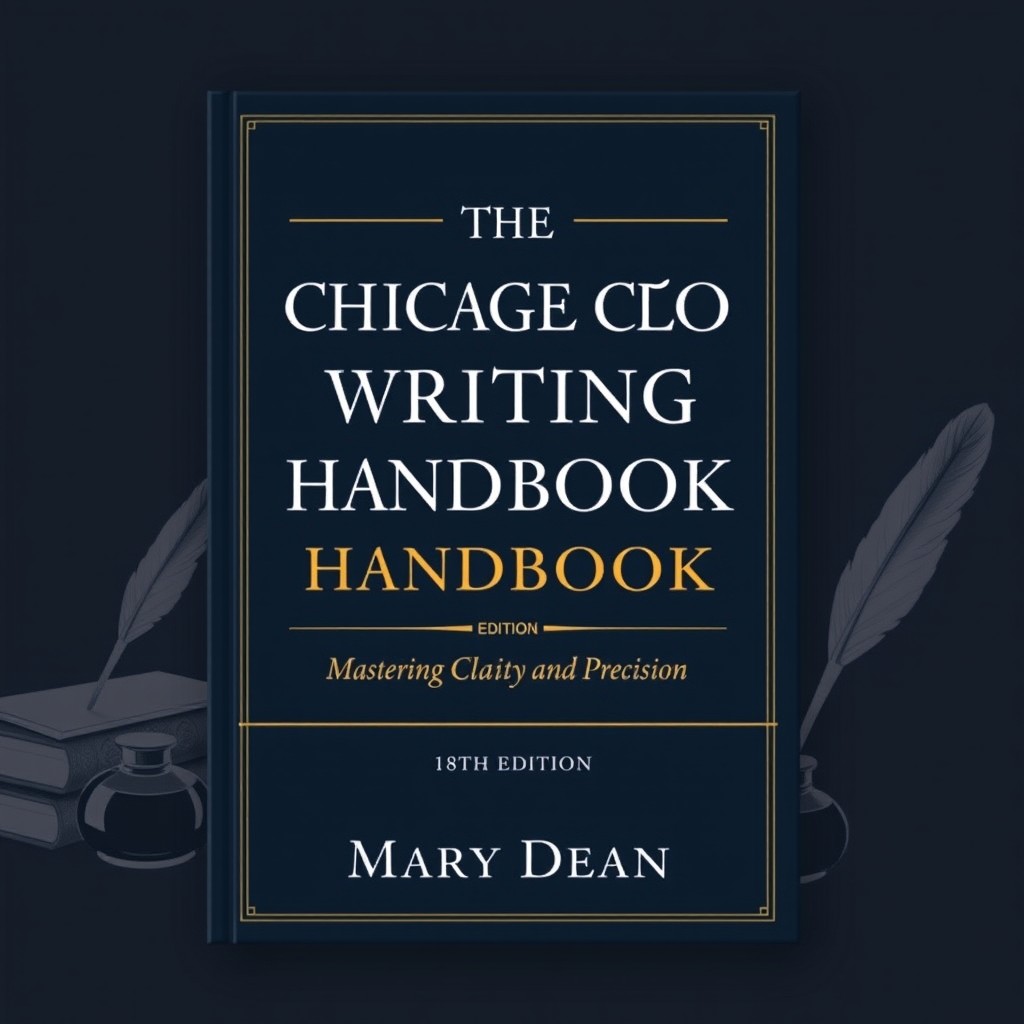 An exquisite book cover design for 'THE CHICAGO STYLE WRITING HANDBOOK (18TH EDITION)' by Mary Dean, with the subtitle 'Mastering Clarity and Precision in Academic Writing