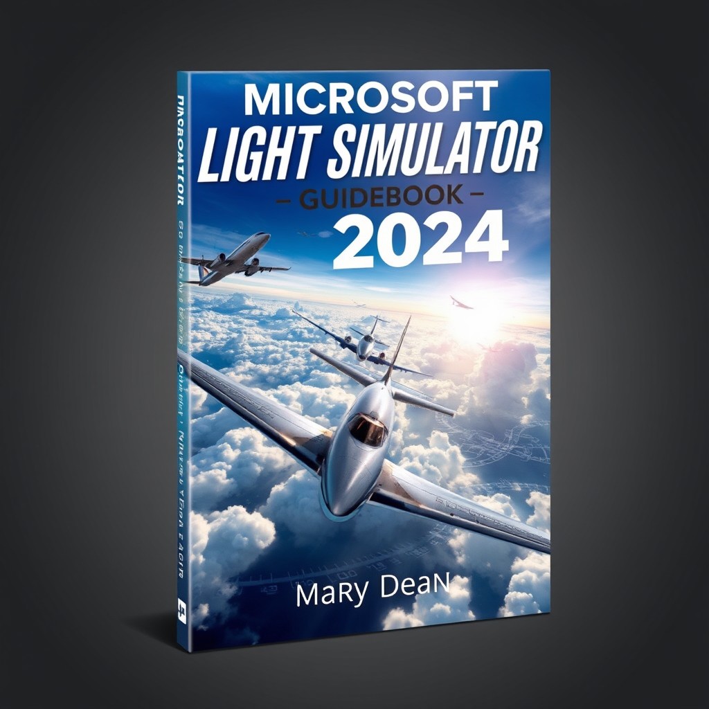A captivating book cover design for 'MICROSOFT FLIGHT SIMULATION 2024 GUIDEBOOK' by Mary Dean, featuring the subtitle 'Unlocking the Secrets of Flight in 2024