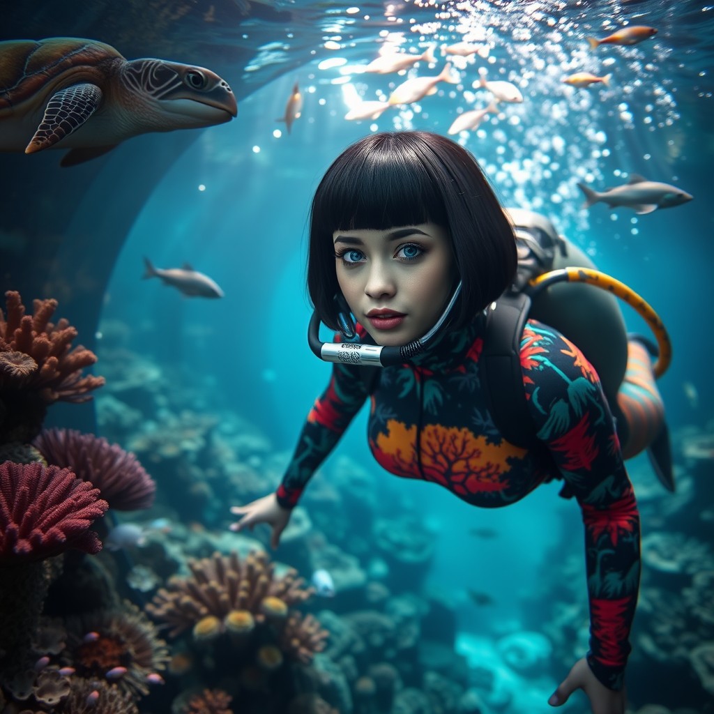 A female diver with short black hair, around 30 years old with bright blue eyes and a bob haircut featuring bangs, is swimming in an underwater tunnel wearing a very colorful full-body diving suit adorned with an African forest pattern