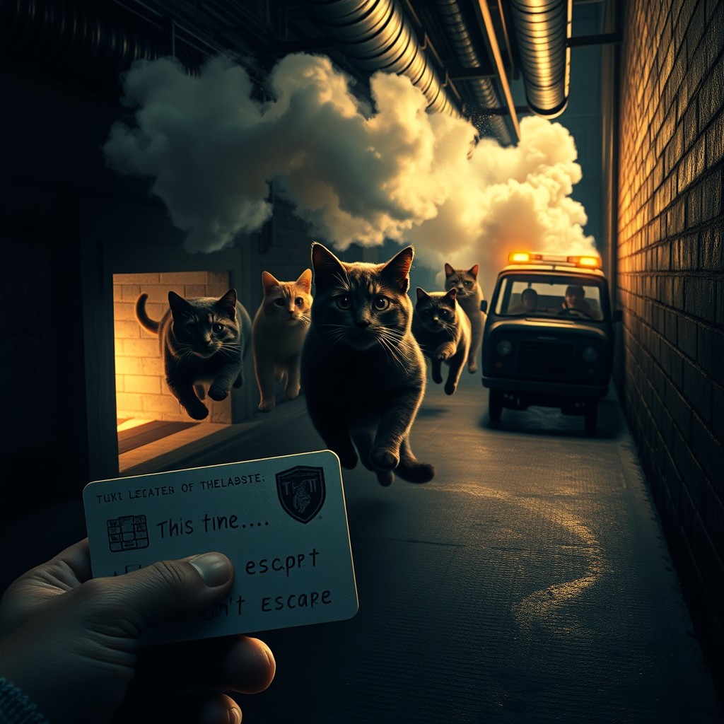 A dramatic scene showing a team of cats fleeing through air ducts