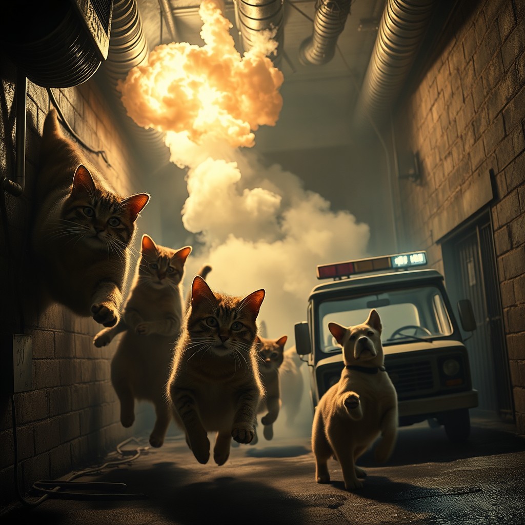 A thrilling scene depicting a team of cats making their escape through air ducts
