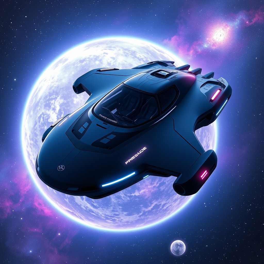 A stunning sci-fi vehicle inspired by the 1993 film 'Prelude', featuring a sleek, aerodynamic design with a minimalist aesthetic