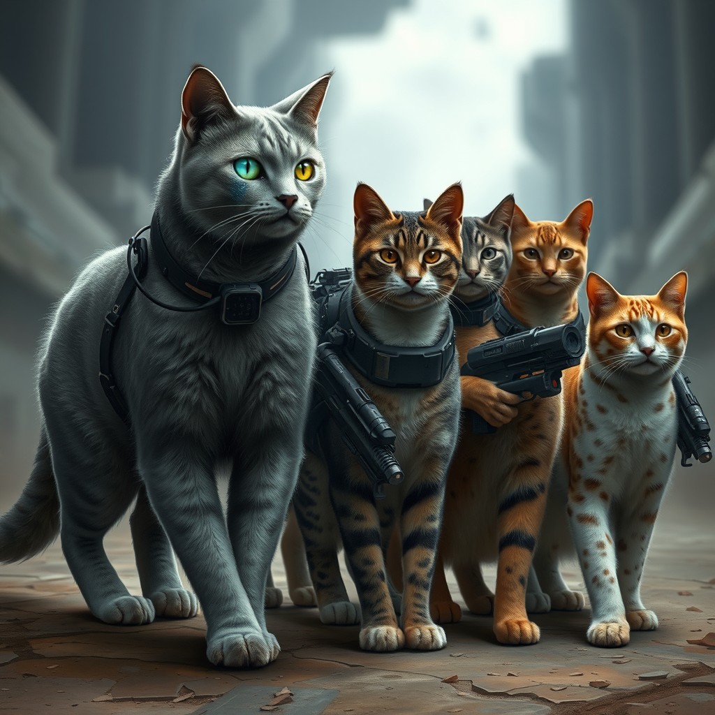 A detailed scene of a cat team preparing for a mission