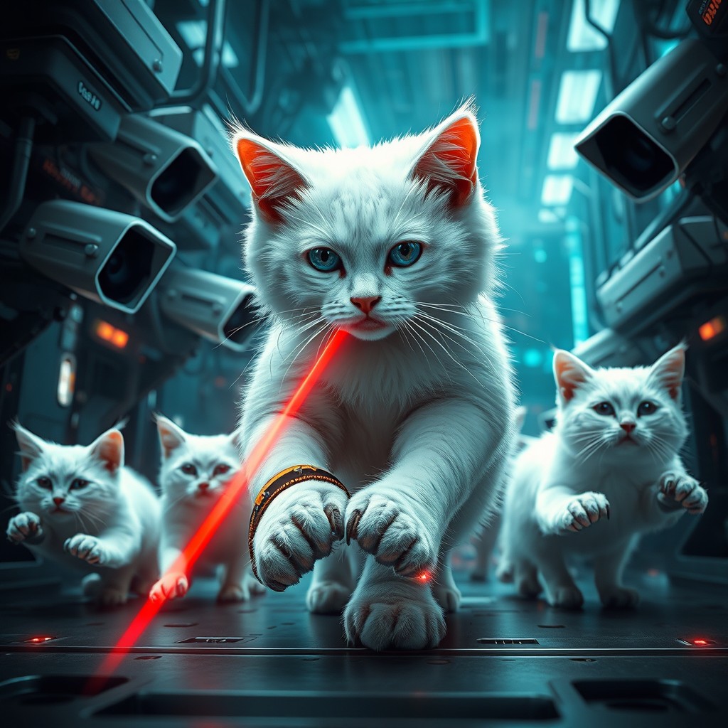 A thrilling scene showing a mission led by white Persian cats skillfully infiltrating a high-tech environment