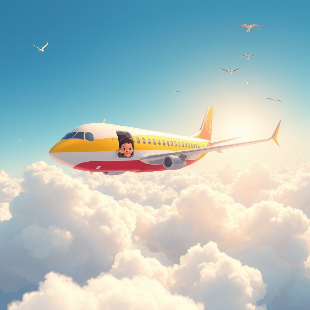 A humorous scene depicting an airplane soaring through a clear blue sky, with a whimsical twist: a cartoonish child character (not realistic or resembling any real child) playfully looking out of the window, pretending to pee