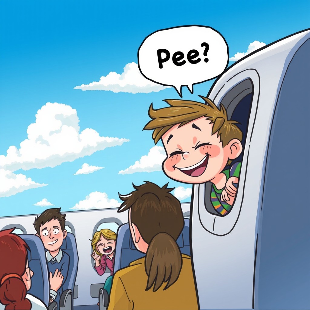 A humorous scene illustrating a mischievous child peeking out of an airplane window, giggling while pretending to pee, with bright blue skies and fluffy clouds in the background
