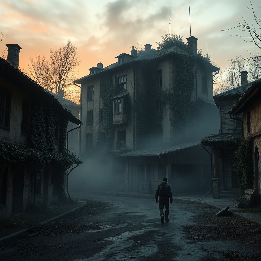 A mysterious and eerie depiction of the abandoned city of Krasnye Kholmy, shrouded in legends and secrets