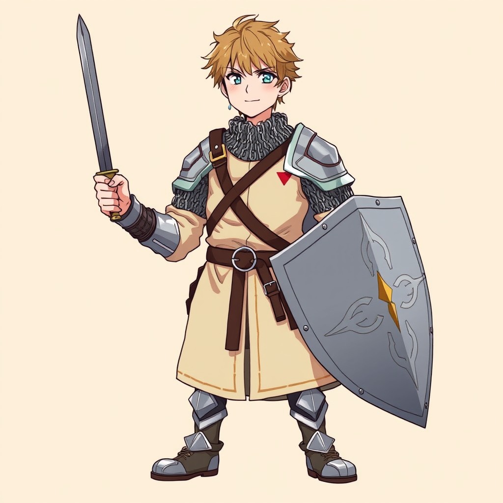 An anime style medieval soldier, clad in light chainmail armor and a simple surcoat adorned with a distinctive emblem