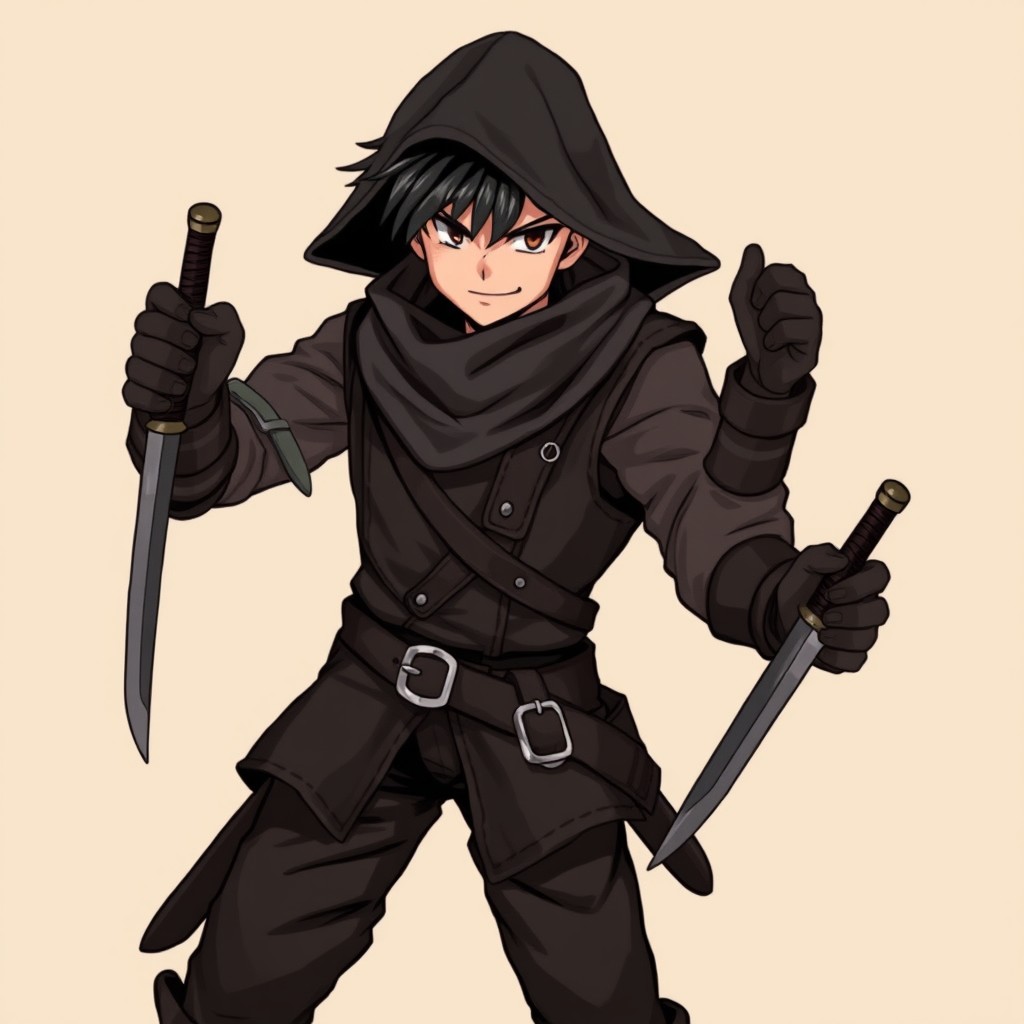 Anime style medieval rogue character, wearing a dark leather vest and a matching scarf, armed with a dagger in one hand and a short sword in the other