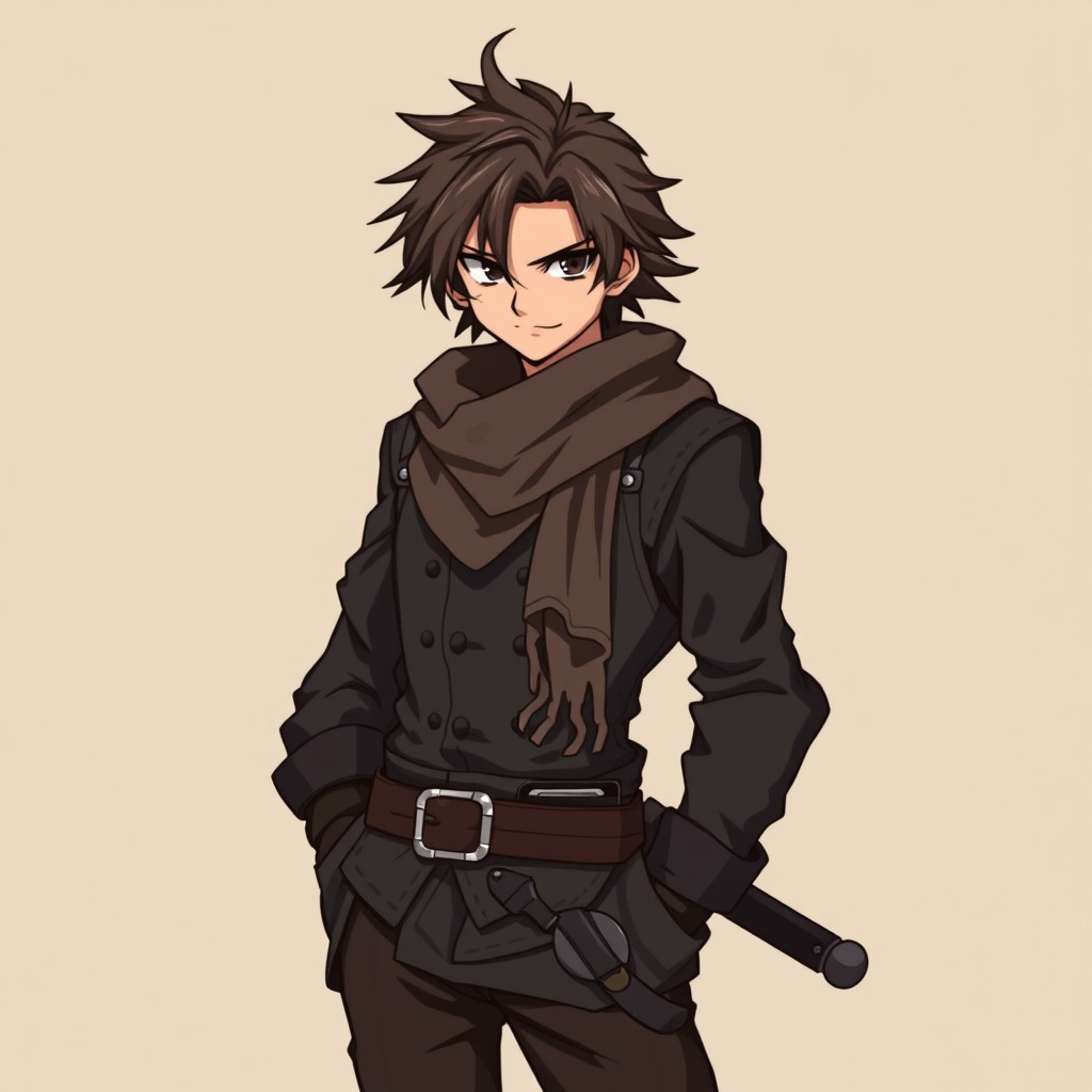 Anime style depiction of a medieval rogue, wearing a dark leather vest and a scarf, equipped with a dagger and a short sword