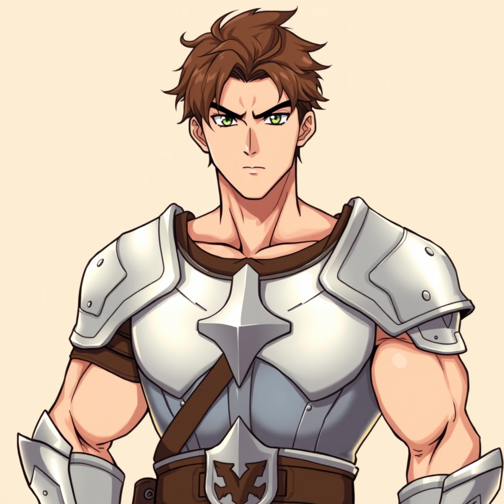 An adult male warrior with a strong build, wearing light medieval armor that glistens in the light
