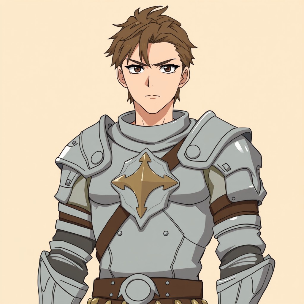 An adult male warrior with a strong build, wearing light medieval armor, displaying a determined expression