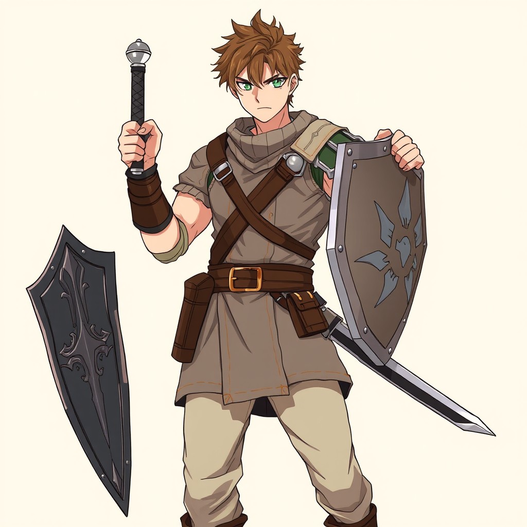 An adult male warrior with a strong build, wearing light leather and cloth armor
