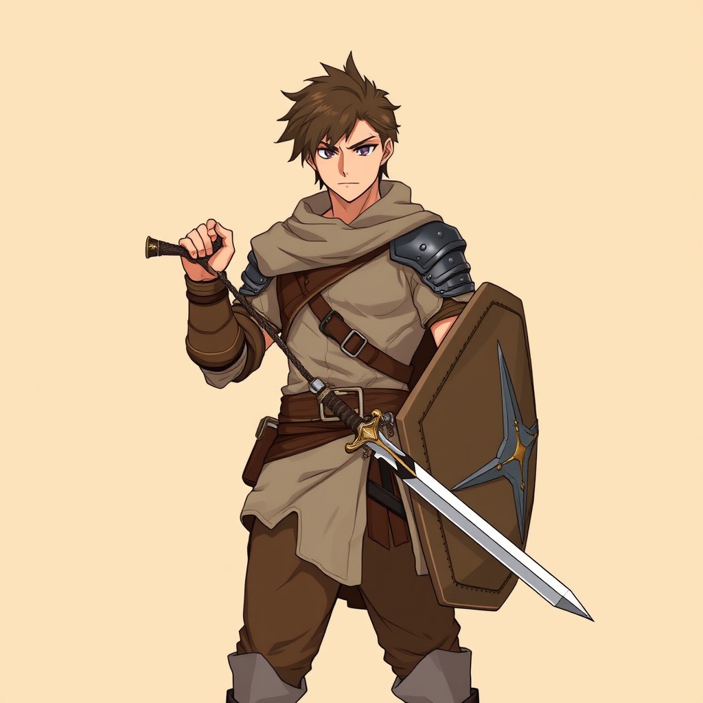 An adult male warrior with a strong build, wearing light leather and cloth armor, holding a sword and a shield