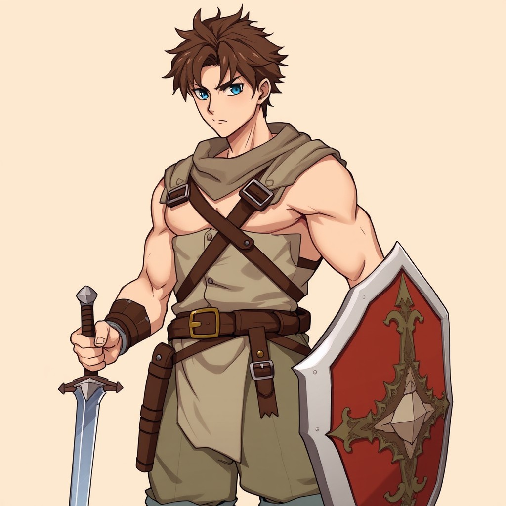 An adult male warrior with a strong build, wearing light leather and cloth armor