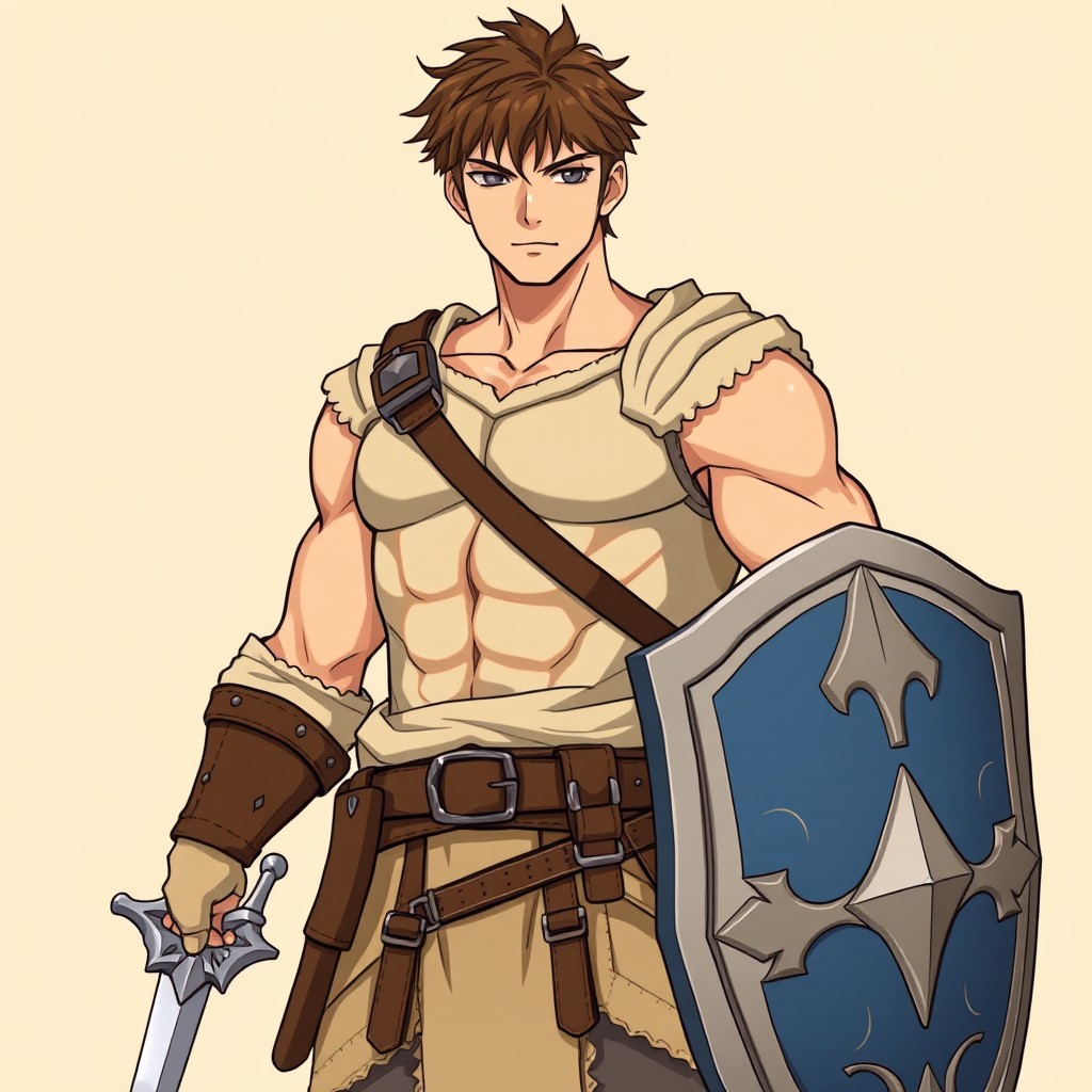 An adult male warrior with a strong build stands confidently in front of a beige plain background