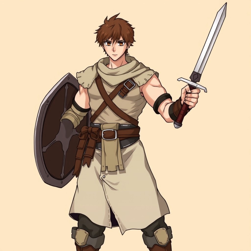 An adult male warrior with a strong build, wearing light leather and cloth armor, holding a sword in one hand and a shield in the other