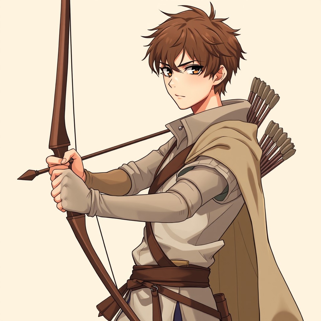 A male archer depicted in an anime style inspired by the series Seven Deadly Sins, showcasing a slim and agile build
