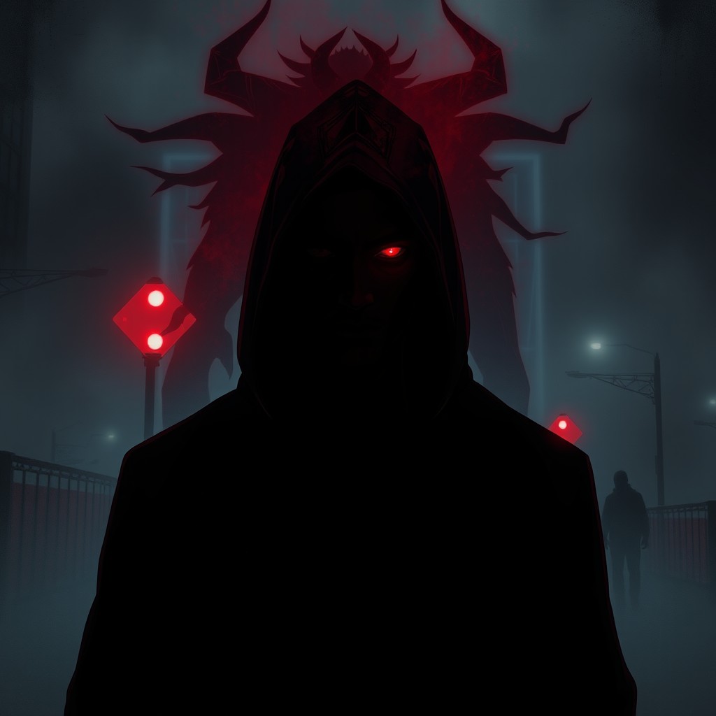 A dark, urban-style digital illustration featuring a solitary man in a hood standing in a foggy, cold city street at night