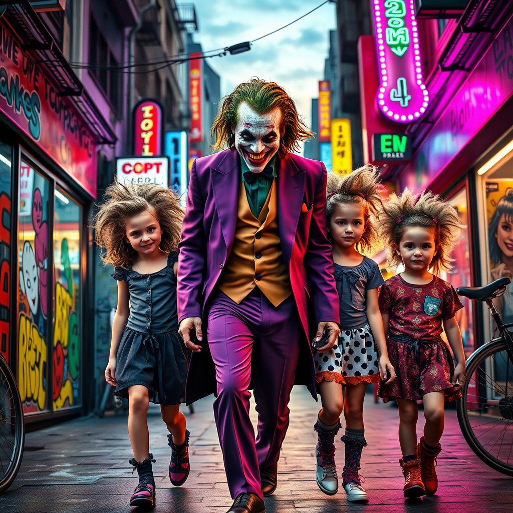 A dramatic scene depicting the Joker character from comics, roaming through a vibrant, chaotic city street at dusk