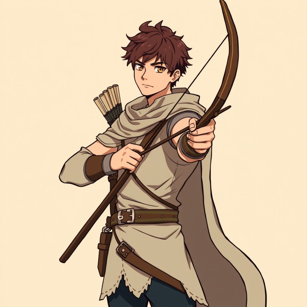 A male archer, slim and agile, wearing a light leather tunic and a cloak, is depicted holding a wooden longbow with a quiver on his back