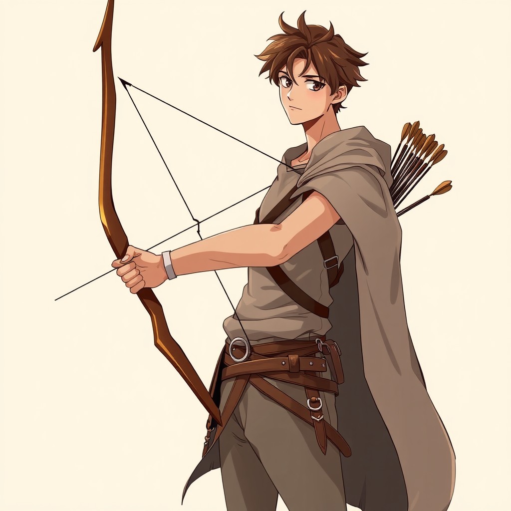 A slim and agile male archer standing confidently, wearing a light leather tunic and a flowy cloak