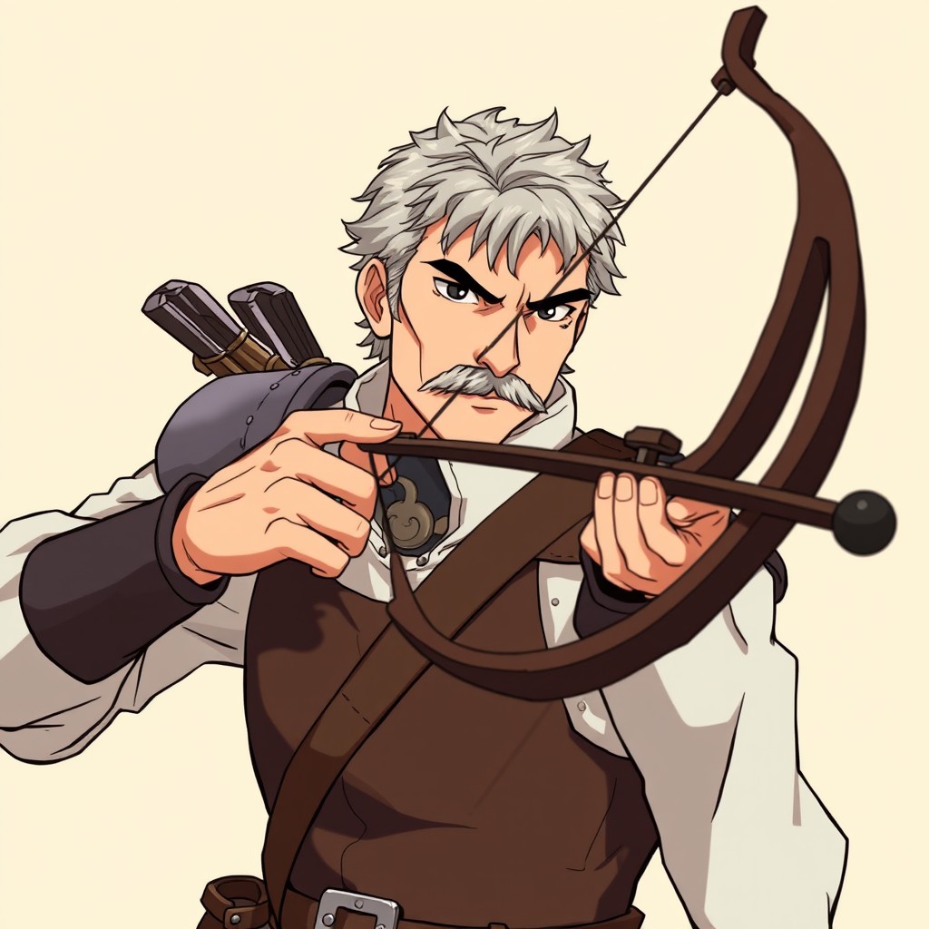 An older male crossbowman with a neatly trimmed mustache, wearing formal medieval attire including a leather jerkin and metal shoulder guards
