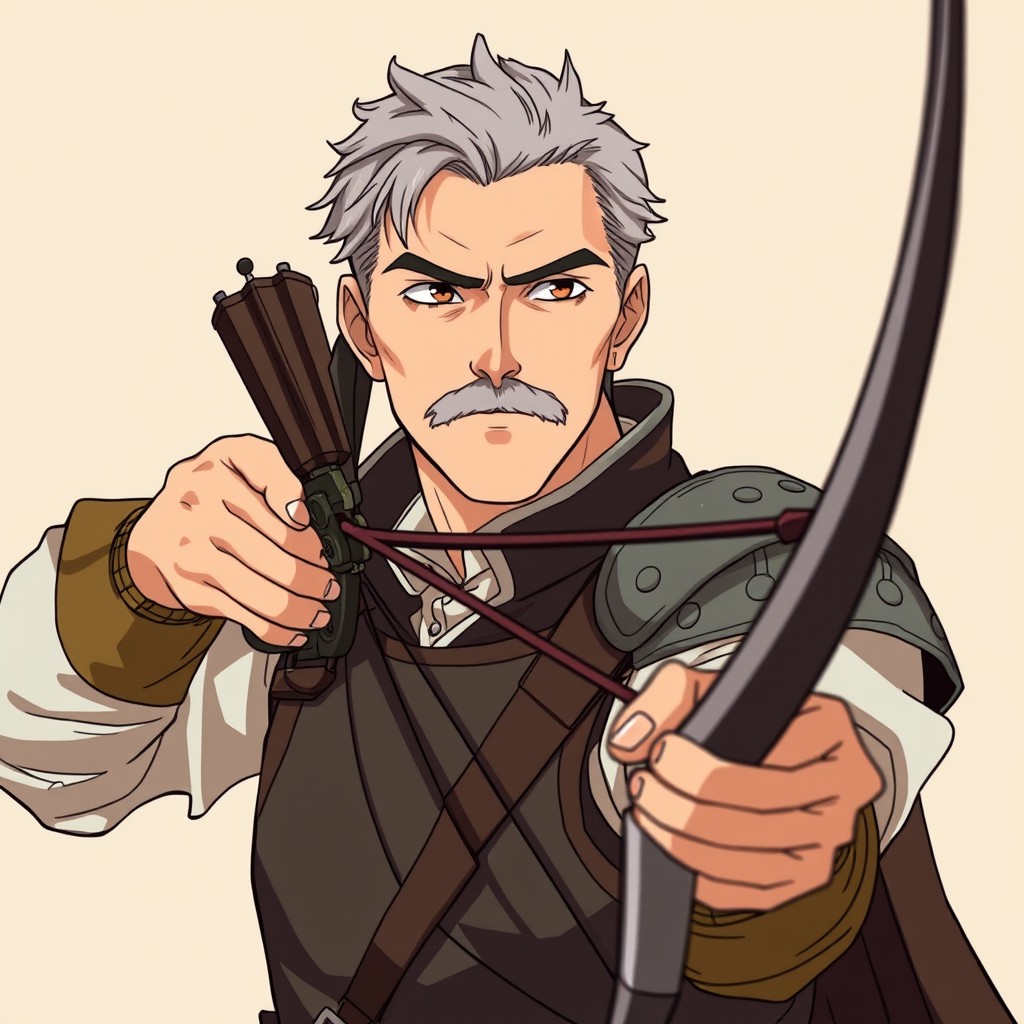 An older male crossbowman with a neatly trimmed mustache and serious, disciplined expression