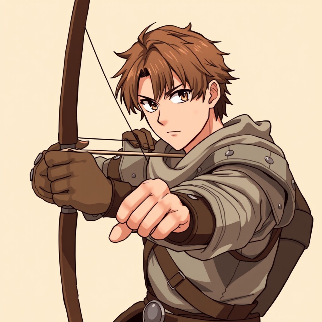A medieval male archer drawing a bowstring taut with one hand, holding a longbow firmly with the other