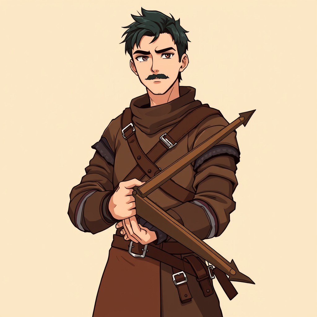 A medieval male crossbowman standing calmly with a loaded crossbow held in both hands at rest