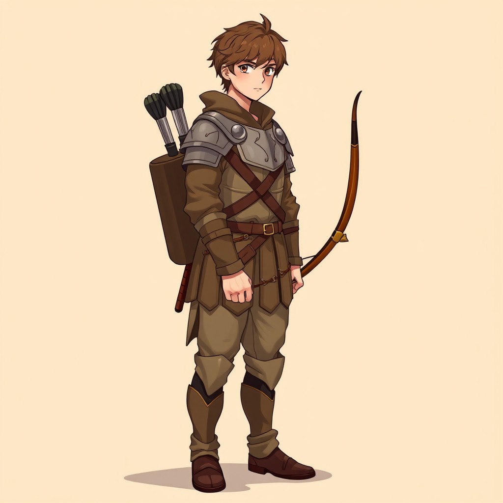 A medieval male archer standing calmly with a relaxed posture, dressed in light leather armor