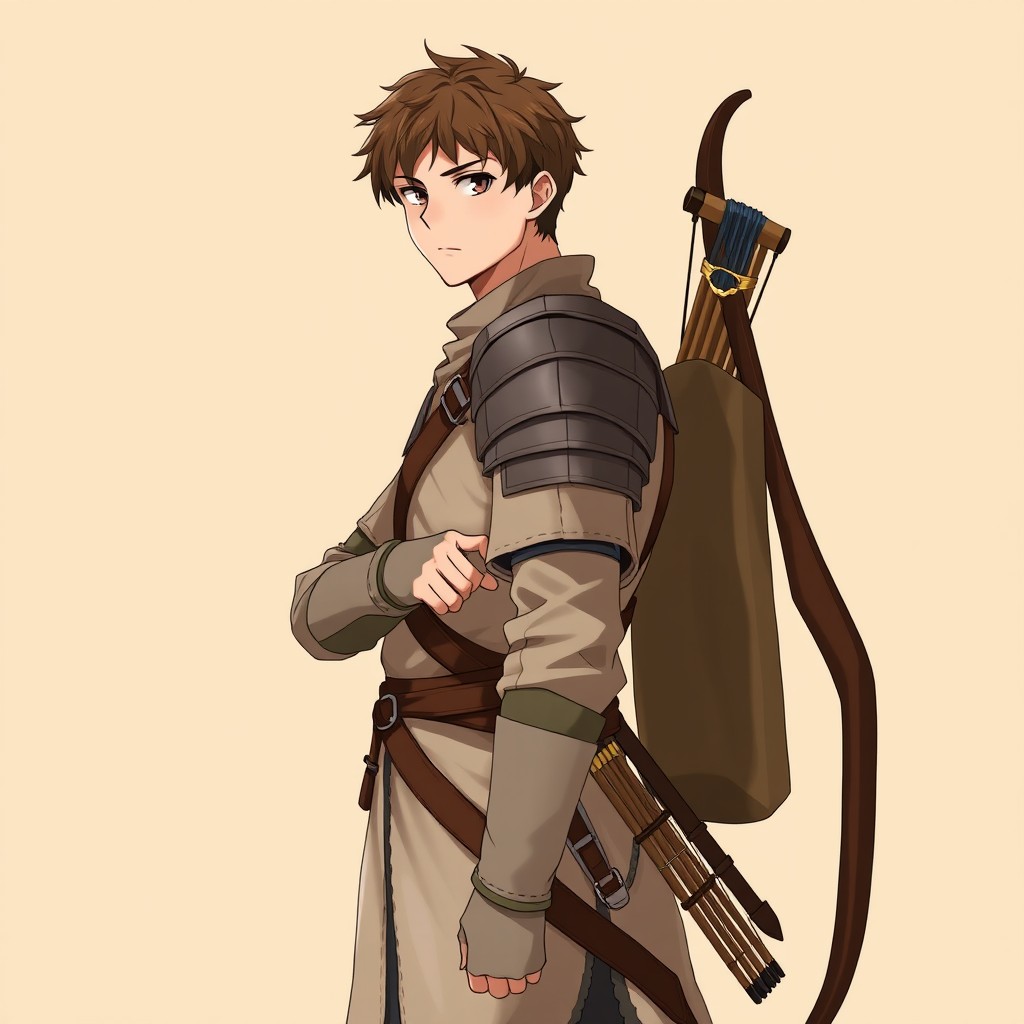 A medieval male archer standing calmly with a relaxed posture, wearing light leather armor