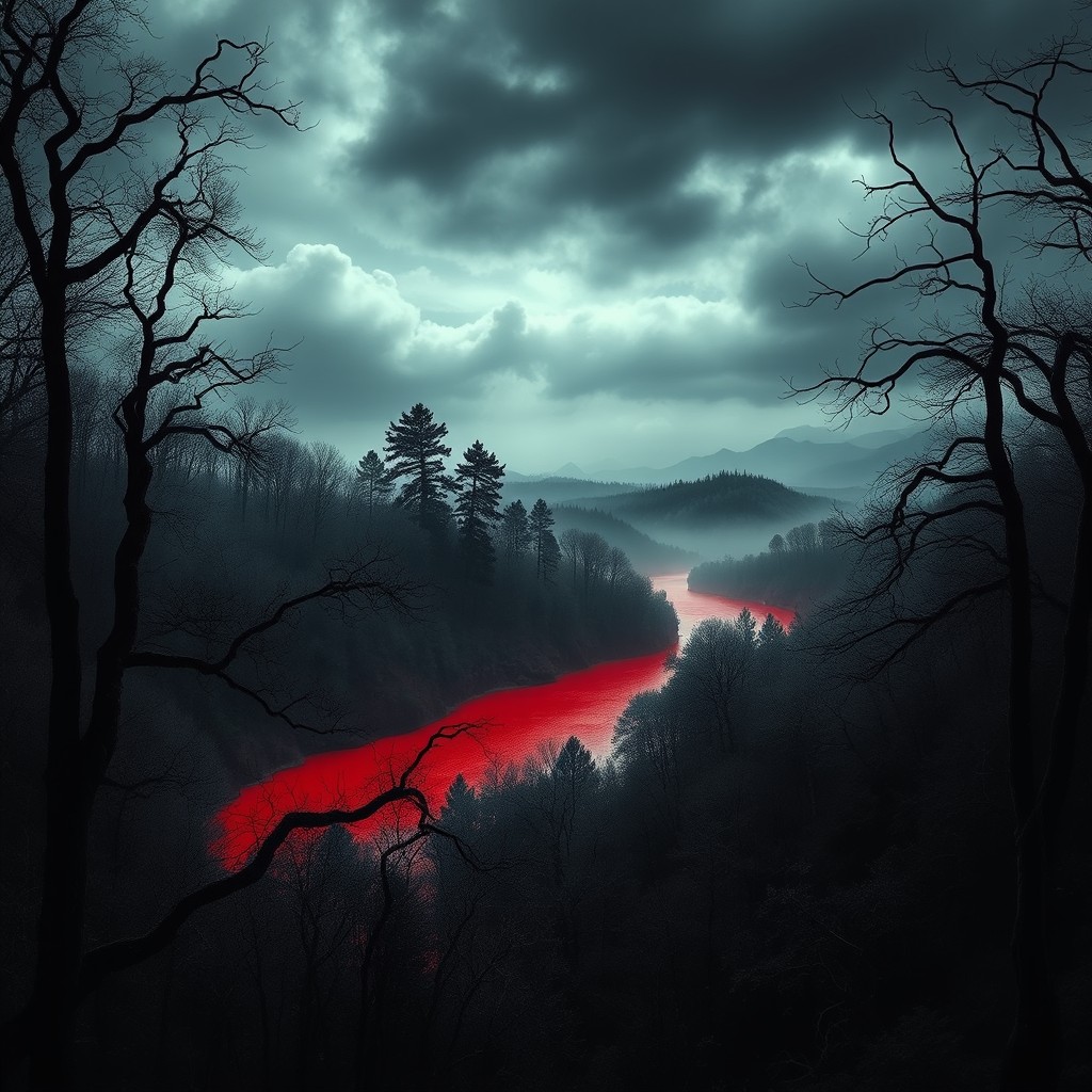 A hauntingly beautiful landscape of a blood-red river winding through a dense, misty forest